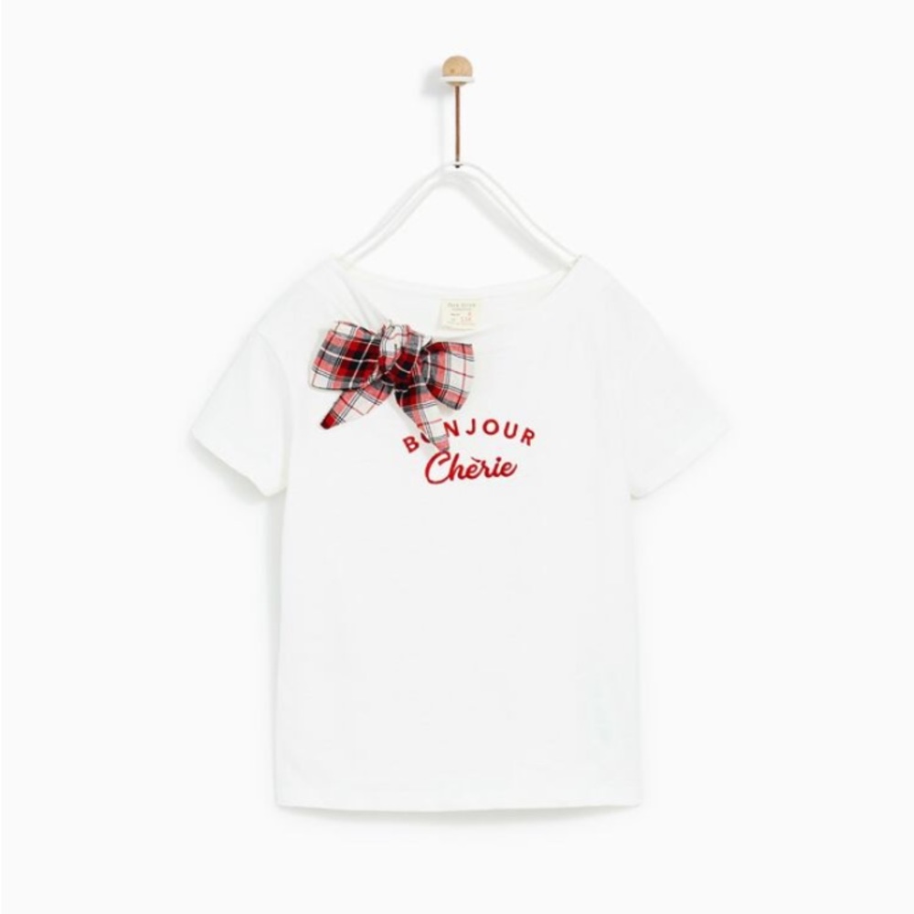 Zara Girls’ White Cotton S/S Tee With Checked Bow